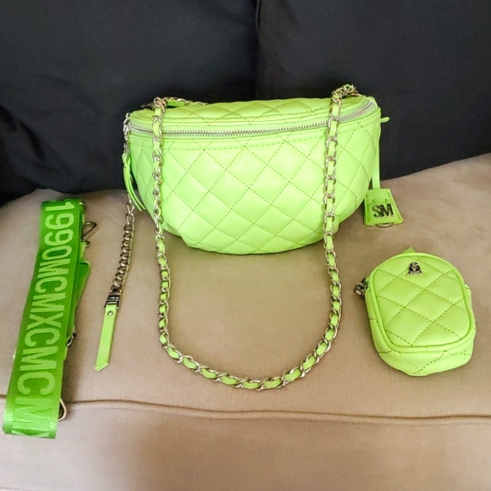Steve Madden Neon Green Quilted Crossbody Belt Bag with Coin Pouch - Picture 9 of 10